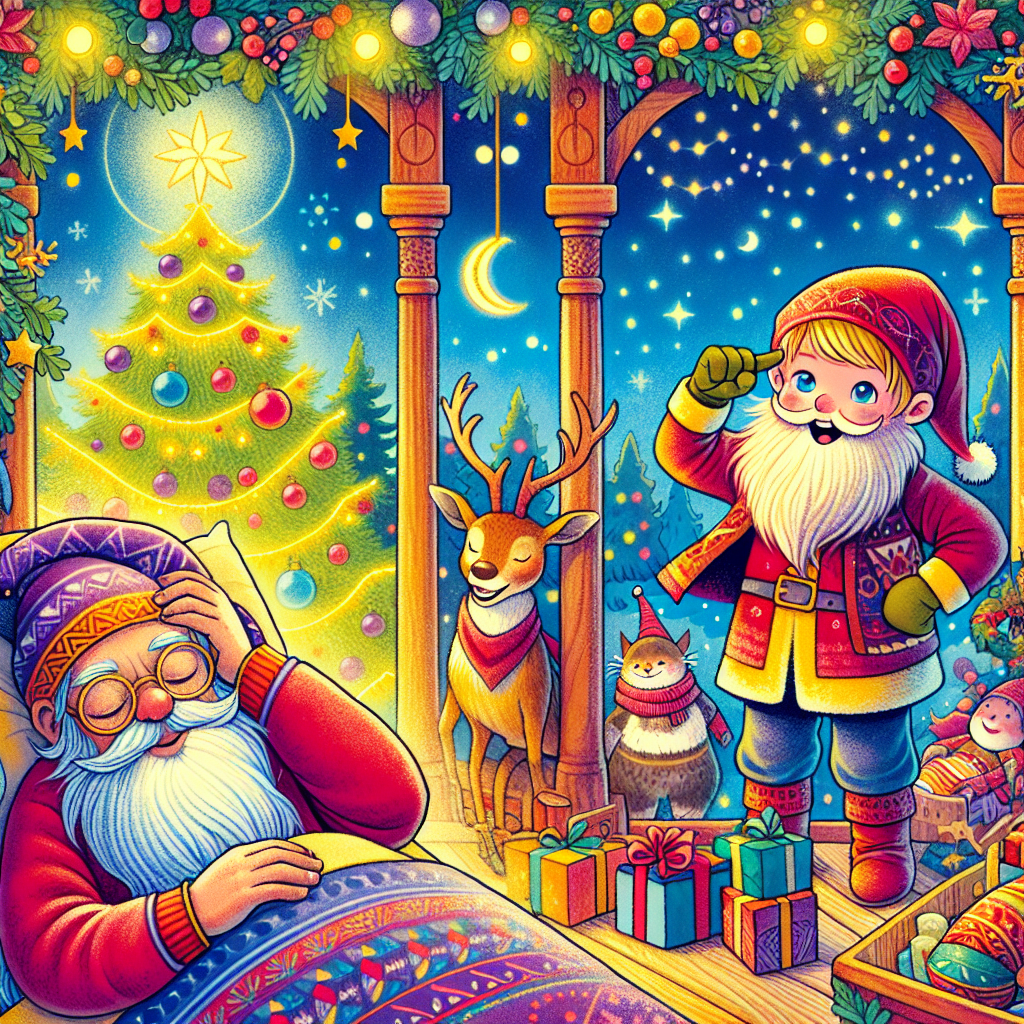 Illustration för sagan "Tomtenissens Busiga Nattäventyr"